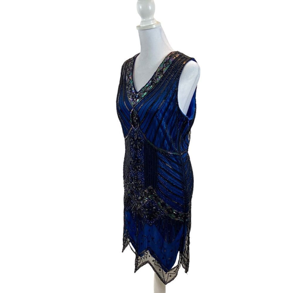 Blue and Black Sequin‎ V Neck Knee Length Dress Flapper Style Size Medium - Picture 3 of 15